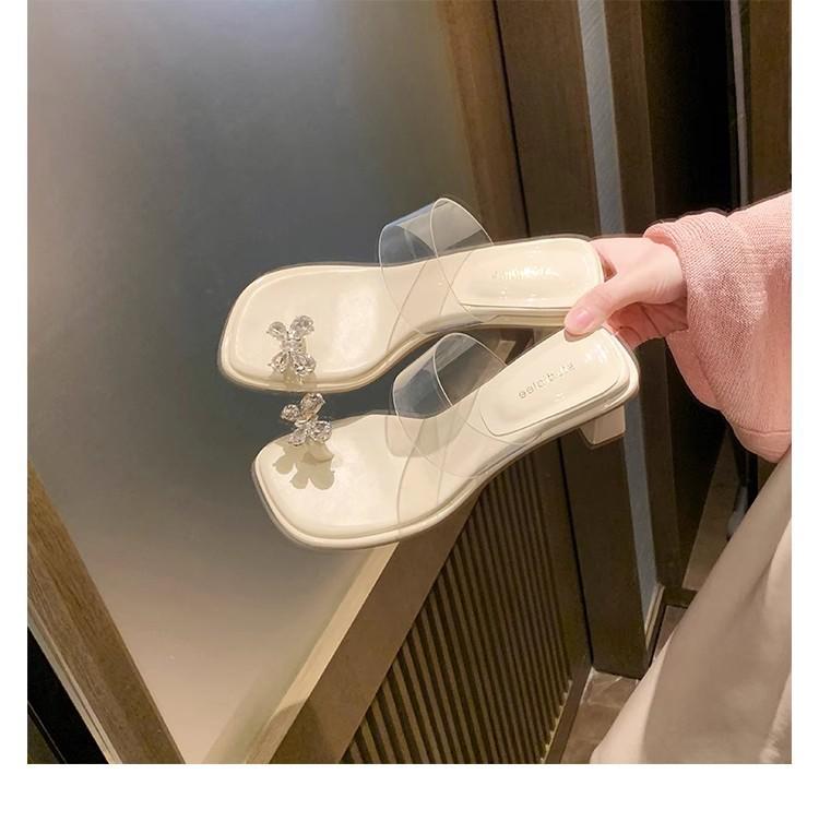 

Grape mother, the same 2025 summer butterfly rhinestone temperament square head height increase transparent belt high heel cool slippers women s s 34