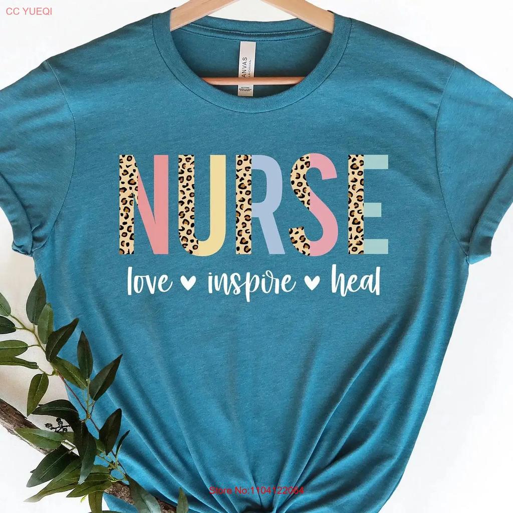 Nurse Love Inspire Heal T Shirt Nursing Leopard Rn Registered Week School Vintage Unisex Versatile Breathable Homme