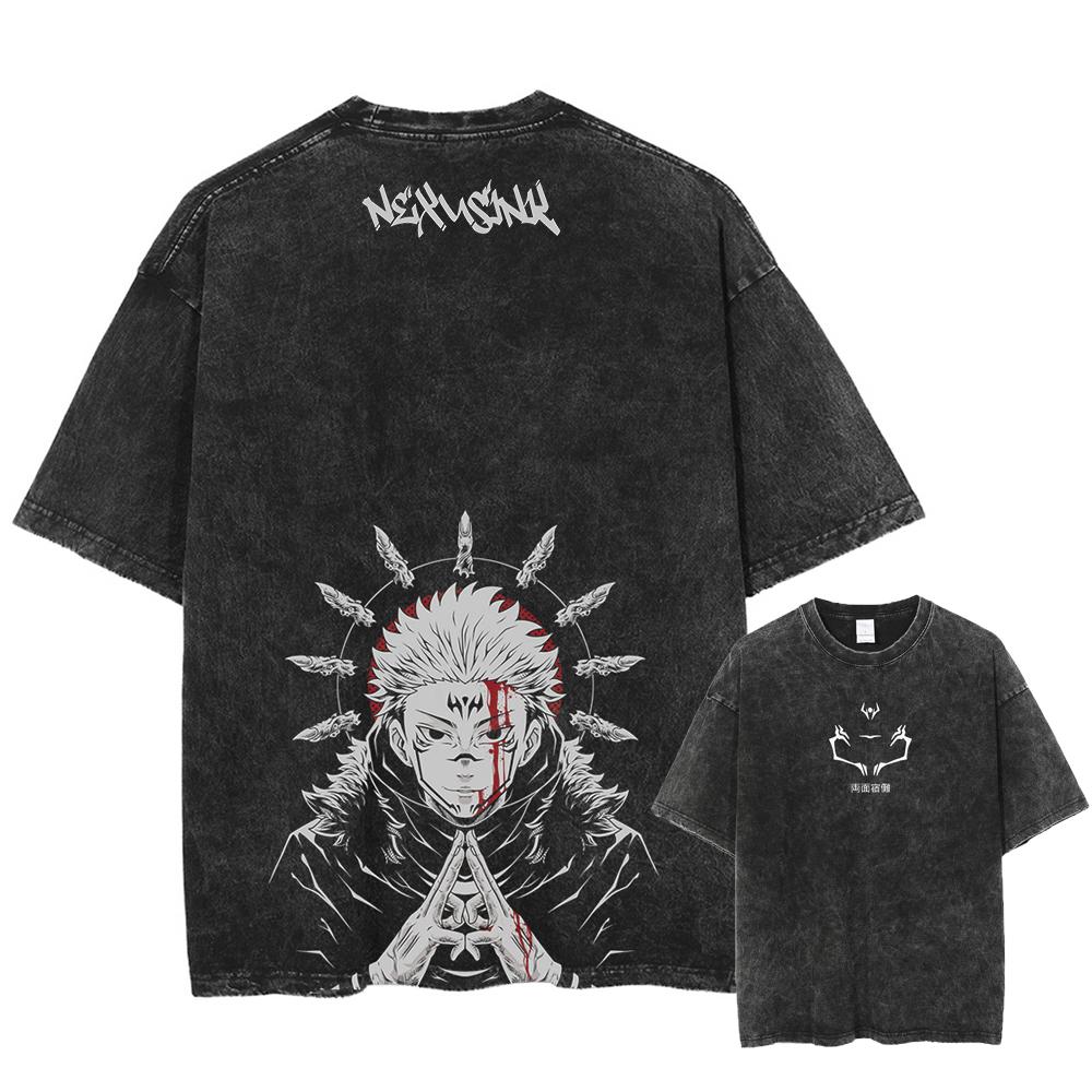 Anime Jujutsu Kaisen Ryomen Sukuna Printed Tshirt Mens and Womens Washed Tshirt High Quality Vintage Cotton Tshirt Top