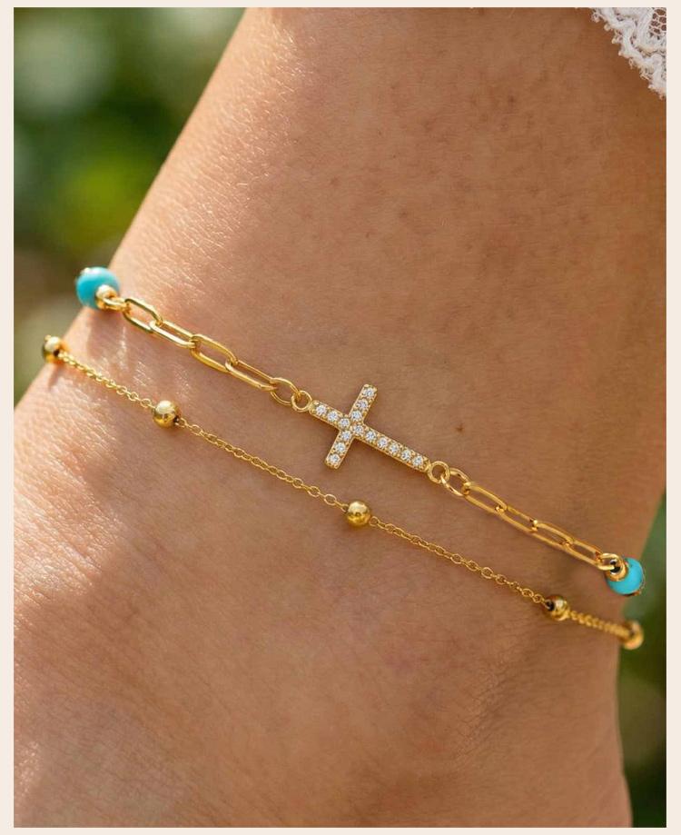 Türkisfarbener Knöchelkettchen, Doppellagige Fußkette mit Kreuz aus Edelstahl, Sommer Strand Schmuck für Damen Anlaufgeschützt Ästhetischer Schmuck