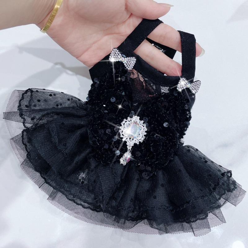 Black Red Gothic Pet Halter Dress Shiny Sequins Bling Crystal Brooch Double Bows Lace Ruffle Mesh Princess Sundress Pet Clothes