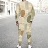 Men Plus Size Colorful Printed Two Piece Set Round Neck Long Sleeve Top Cuffed Pants