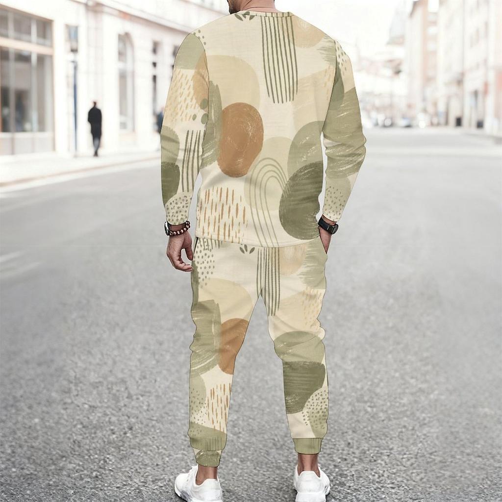 Men Plus Size Colorful Printed Two Piece Set Round Neck Long Sleeve Top Cuffed Pants