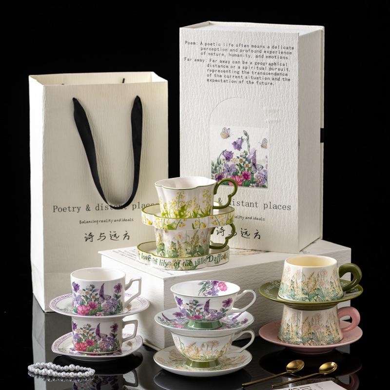 Violet Coffee Cup And Saucer Gift Box For Newcomers, High-Value Afternoon Tea Ceramic Cup Design Cup And Saucer Set