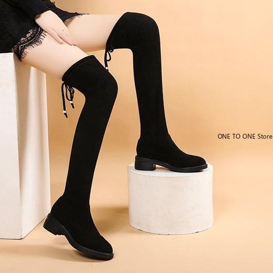 Rozciągliwe długie buty ze sztucznego zamszu damskie buty za kolano w stylu Casual, czarny seksowny klub nocny buty na platformie dla kobiet jesień kobiety Bottes