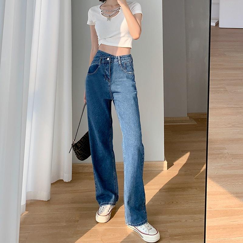 Slant Button Jeans Women's Summer Irregular High-waisted Thin Wide-leg Straight Drape Drag Trousers