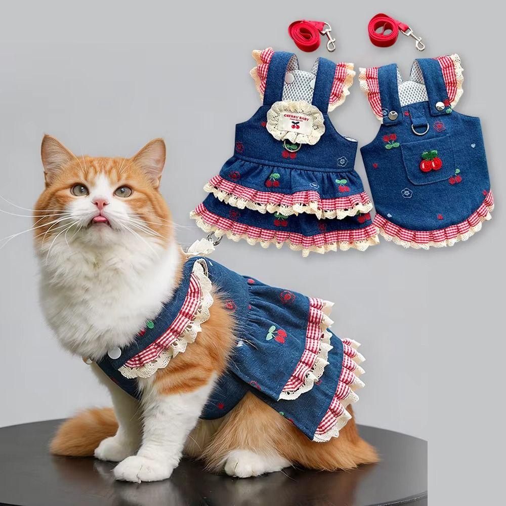 Denim Cherry Pet Dog Skirt Breathable Mesh Cat Clothes Puppy Clothing with Leash  Couple Outfit