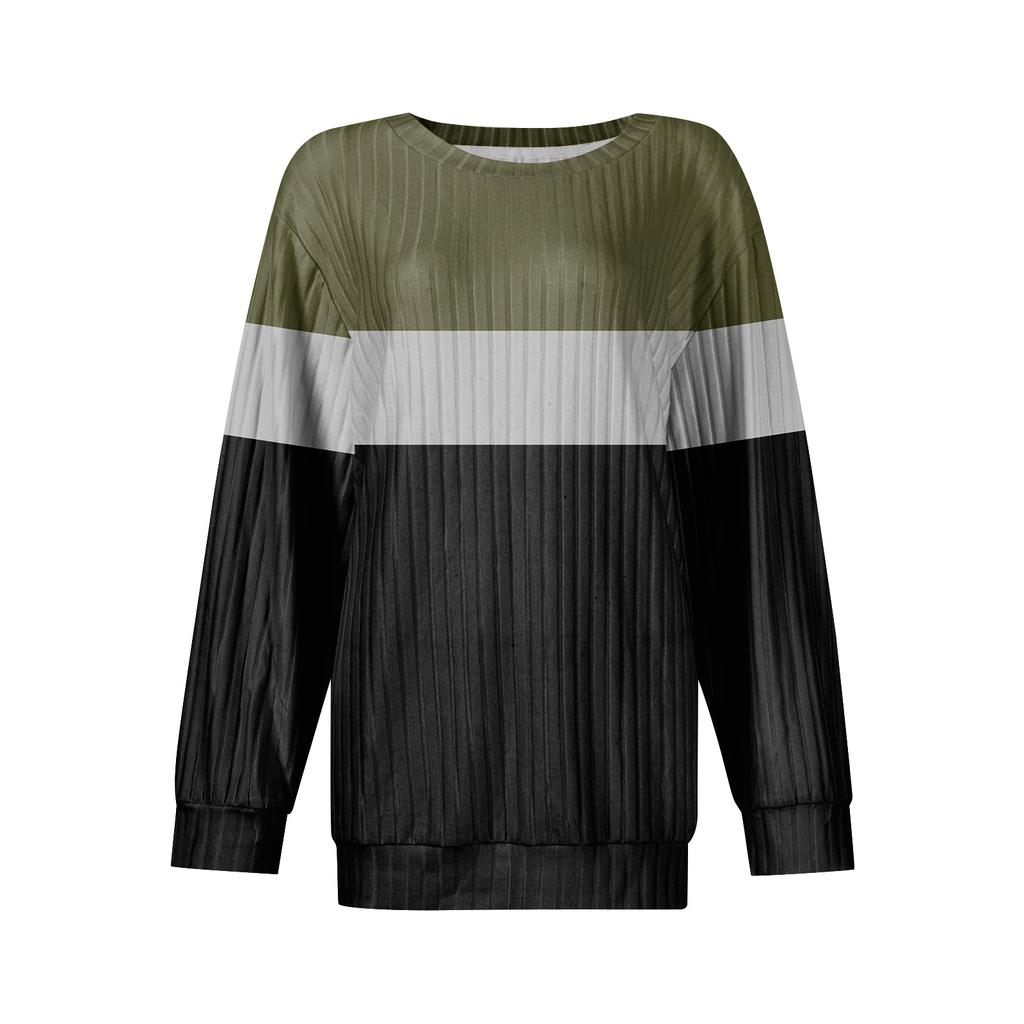 Women's Winter Color-Block Printed Lightweight Brushed-Cotton Round Neck Top