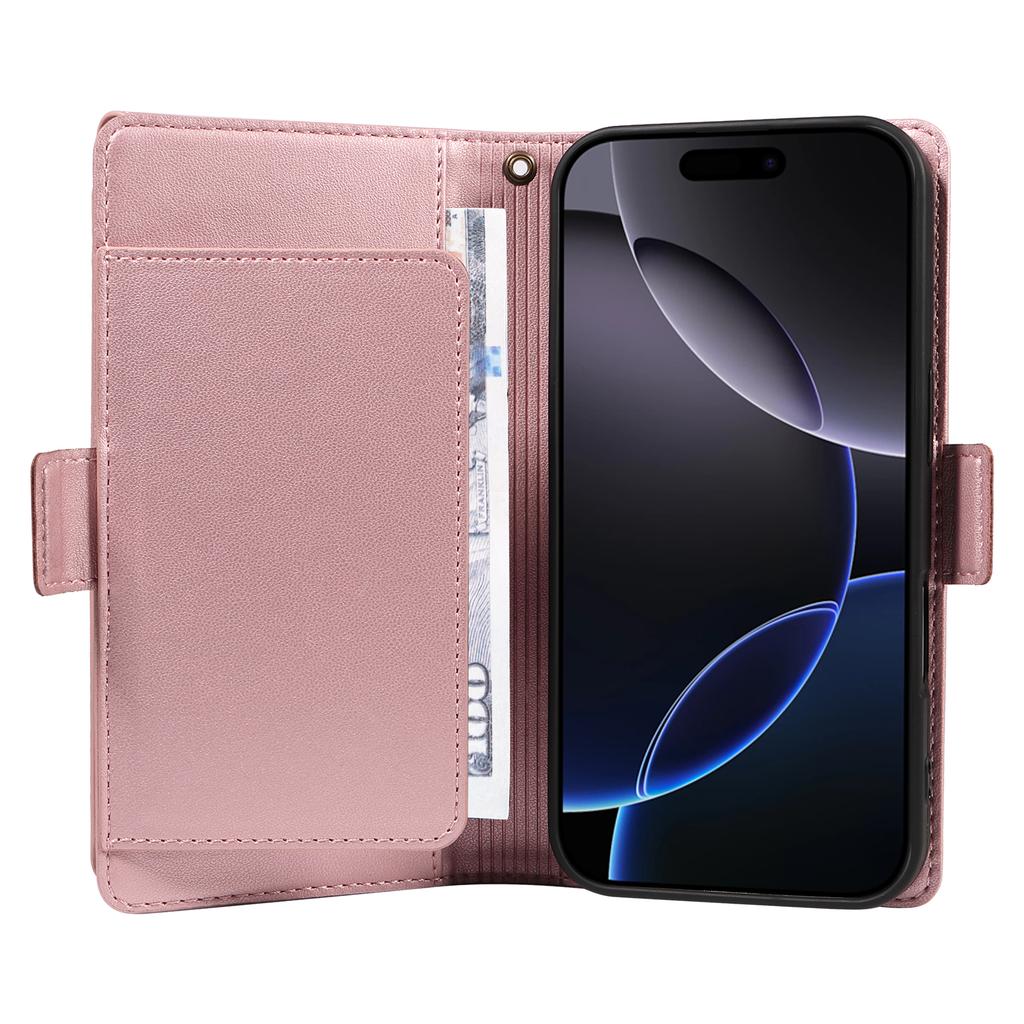 For iPhone 16 Pro Case with Multi-Card Holder and Strap PU Leather Phone Cover Stand