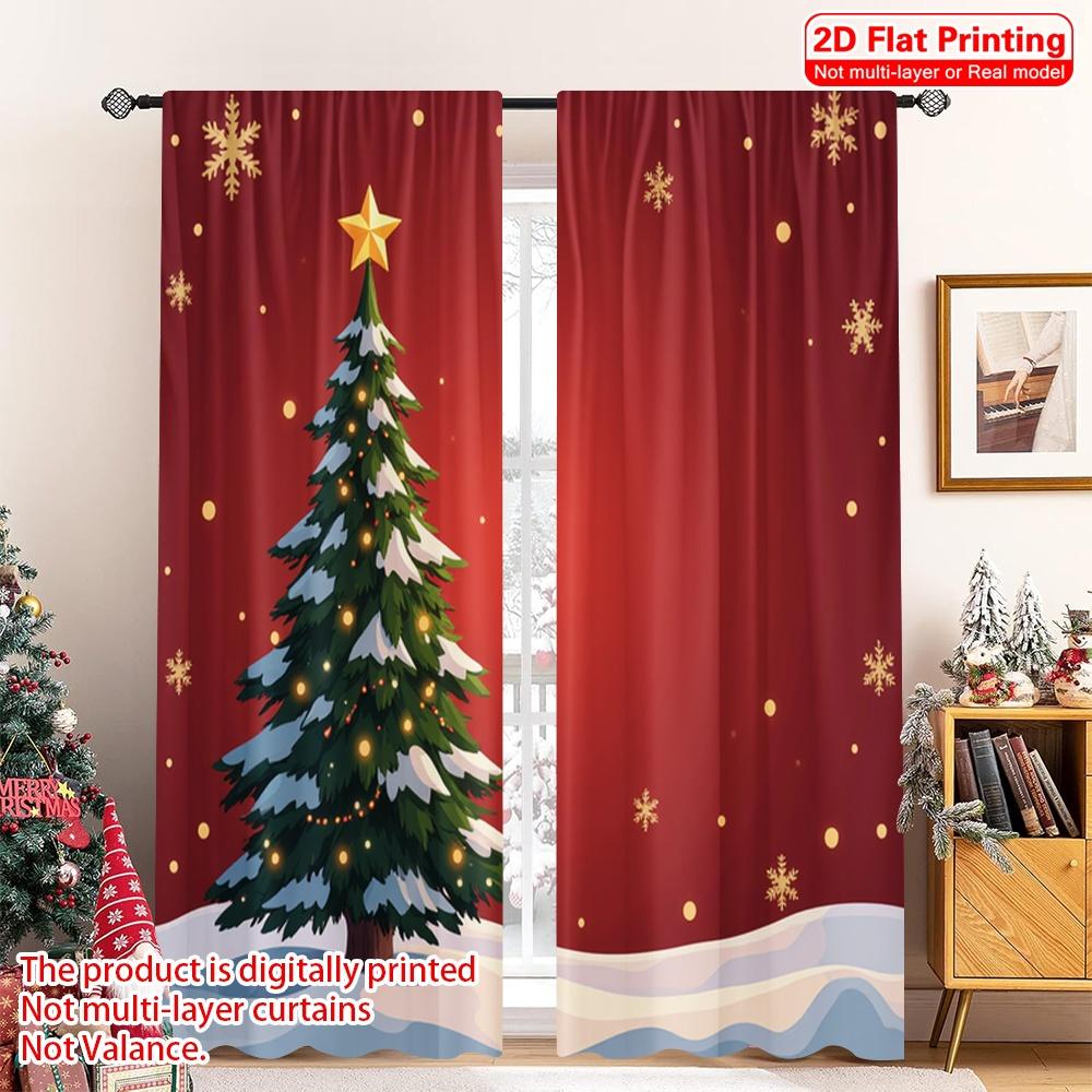 2pcs 2D Flat Printing Merry Christmas Window Curtains Golden Christmas Tree Snowflakes Polyester Fabric Without Electricity