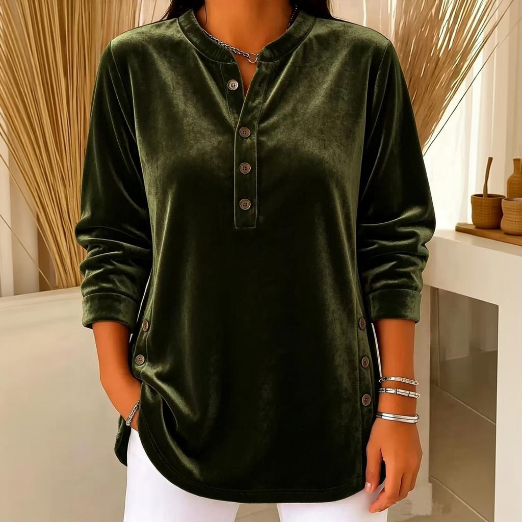 Haut Tunique Velours Femme Coupe Ample Col en V Boutonné Manches Longues