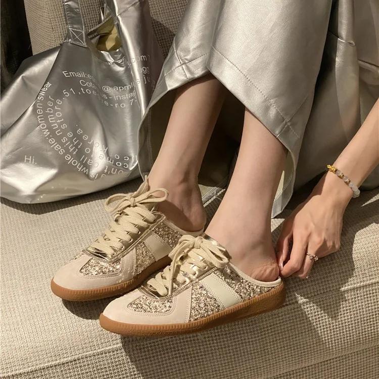 Fashion Women Bling Mules Bright Sequin Slides Shoes Loafers Walking Sneakers Lazy Clogs Platform Summer Creeper Baotou Half Slippers