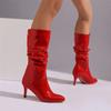 FOREADA damskie lakierowane botki do połowy łydki z okrągłym noskiem, cienkie, wysokie obcasy, plisowane, zwięzłe, damskie, modne buty zimowe, czarno-czerwone 43