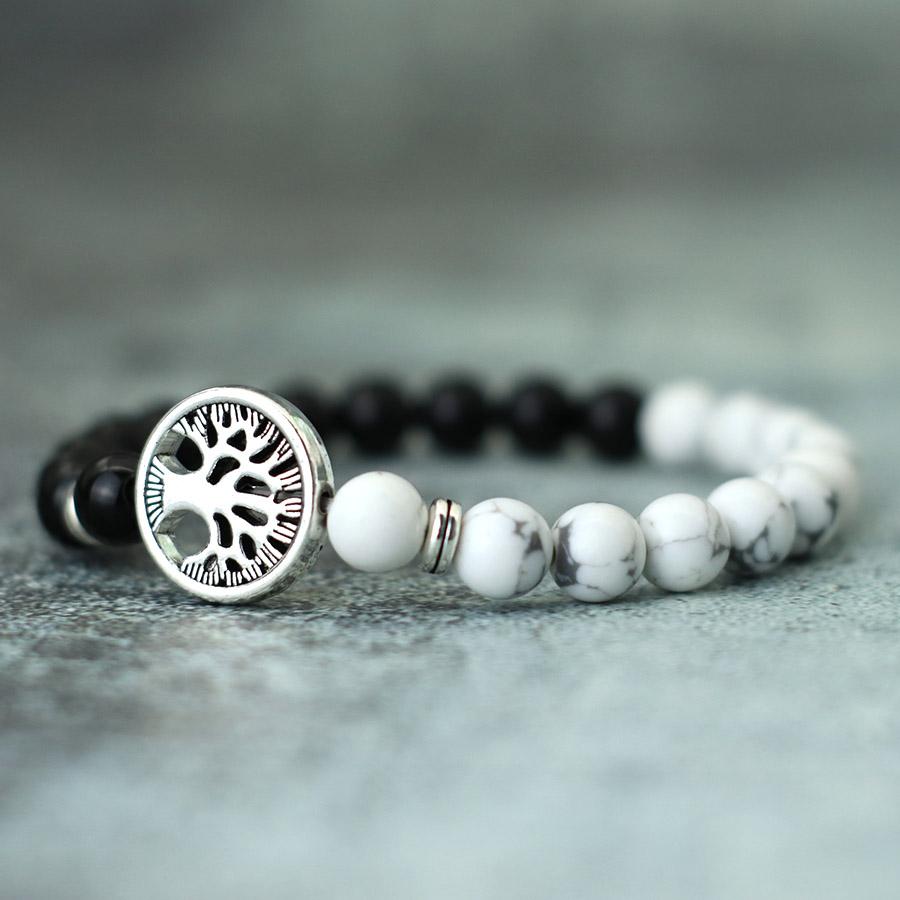 Neues Mode-Lebensbaum-Armband für Herren Zweifarbig Natürliche Tigeraugen Obsidianstein Armband Glücksbringer Roter Howlith Charm Armband Pulsera
