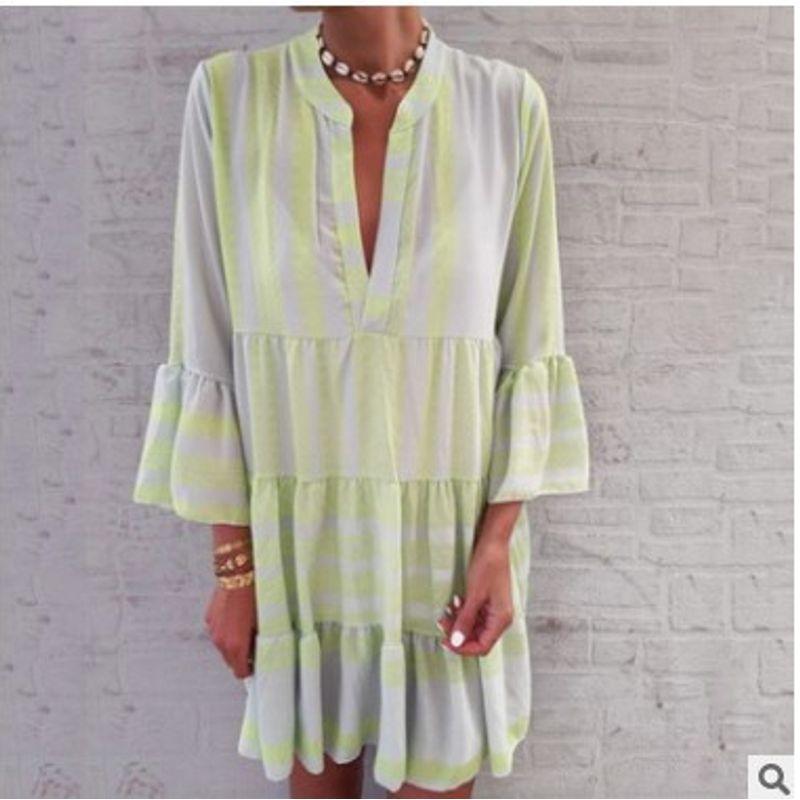 

New Summer Mid-Sleeve Dress Printed Loose Fashionable V-neck Chiffon Pleated Dress Yellow XL