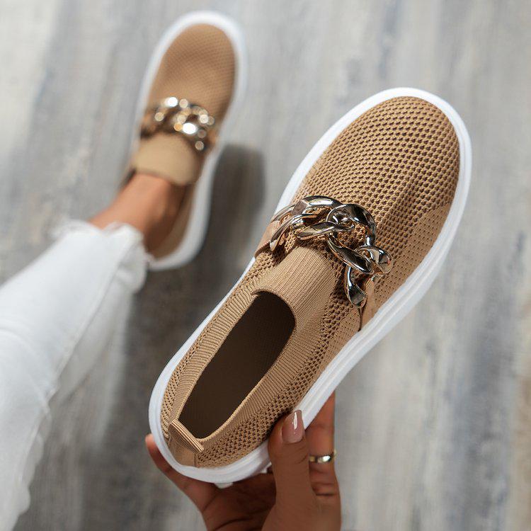 Chunky Sole Fly-Knit Slip-On Loafers with Chain Decoration - Women's Breathable Low-Top Shoes