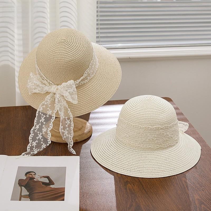 French Lace Ribbon Sun Hat With Wide Brim For Summer Beach Vacation Girls
