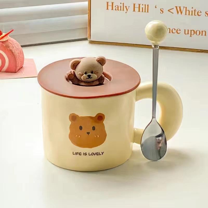 French milk fufu bear mug with lid spoon girls household cute ceramic cup couple breakfast coffee cup