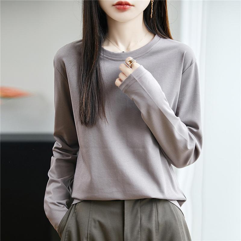 Women's Crew Neck Long Sleeve T-Shirt Regular Fit Elegant Lady Style Mercerized Cotton Solid Color Spring Casual Versatile Basic Layering Top