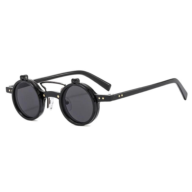 Fashion Small Round Punk Double Bridges Women Sunglasses Retro Flip Lens Shades UV400 Men Rivets Sun Glasses