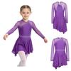 Long Sleeve Cutout Back Asymmetrical Hem Mesh Patchwork Dress with Rhinestones for Girls Figure Skating Competition Stage Show