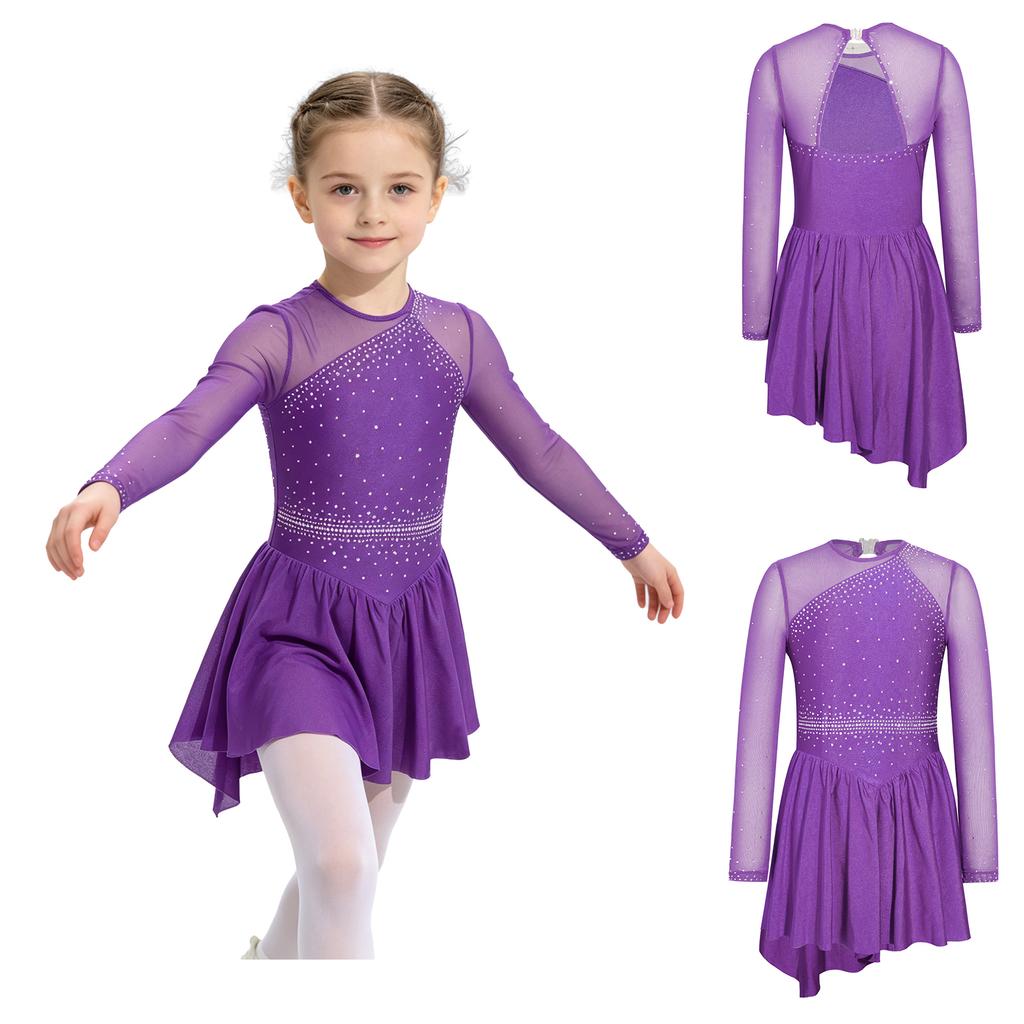 Long Sleeve Cutout Back Asymmetrical Hem Mesh Patchwork Dress with Rhinestones for Girls Figure Skating Competition Stage Show