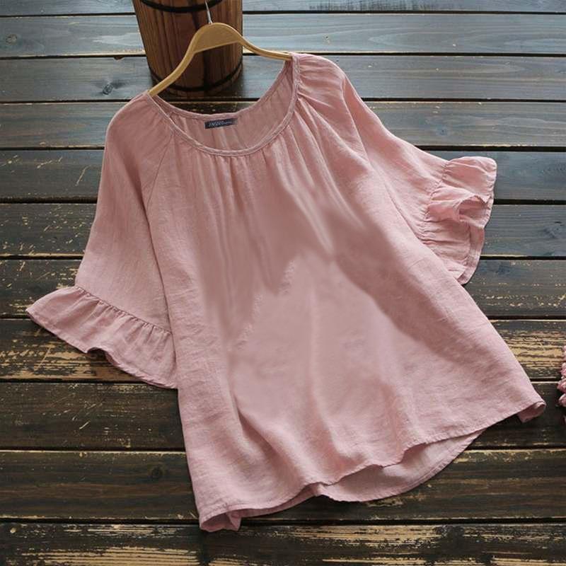Women's Retro Solid Color Short-sleeved Ruffled Blouse Shirt Cotton and Linen Casual Shirt