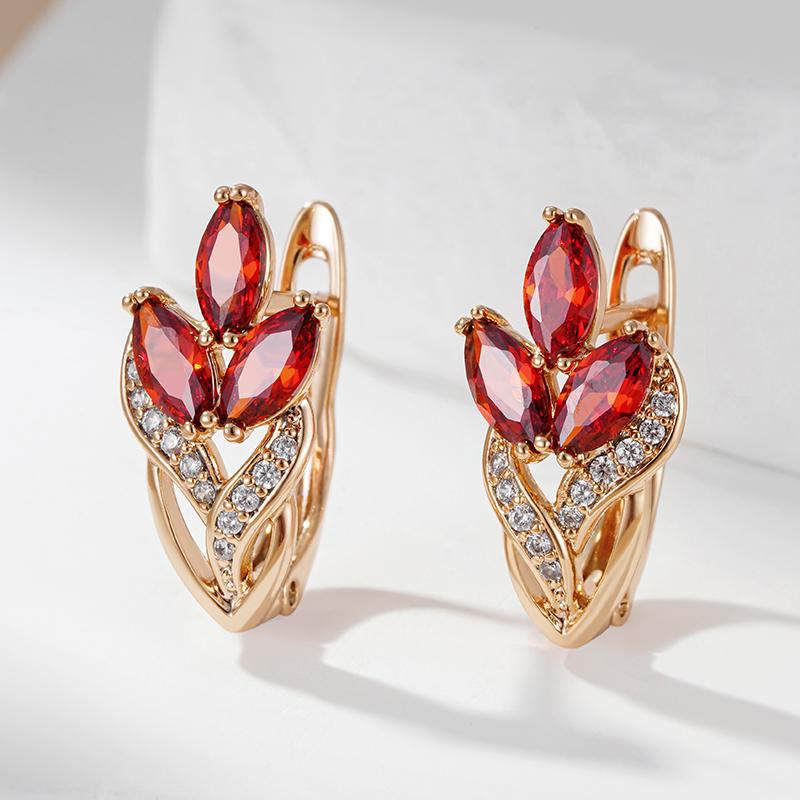 New  Rose Gold Color Crystal Leaf Drop Earrings For Women Red Natural Zircon Accessories Party Daily Vintage Jewelry