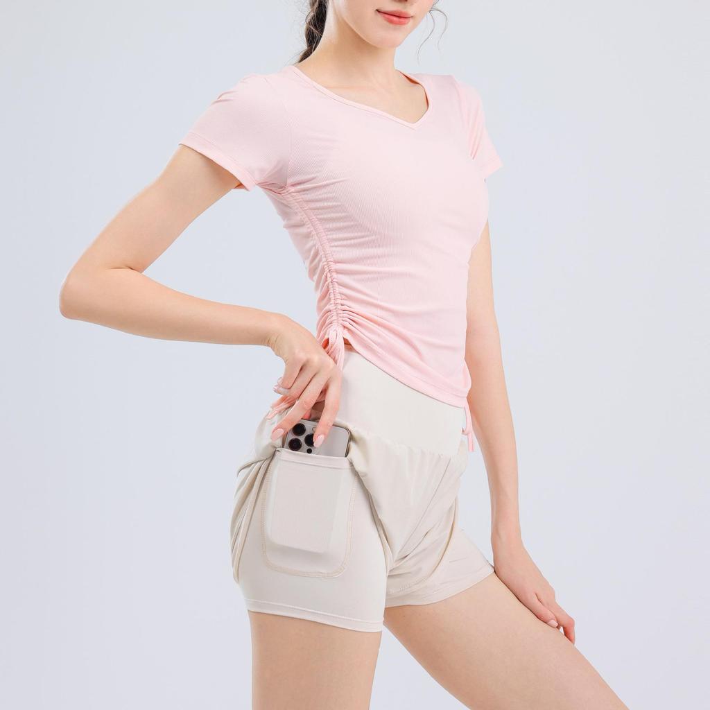 Women's V-Neck Short Sleeve Sports T-Shirt - Solid Color, Breathable, Slimming Fitness Top for Spring/Summer.