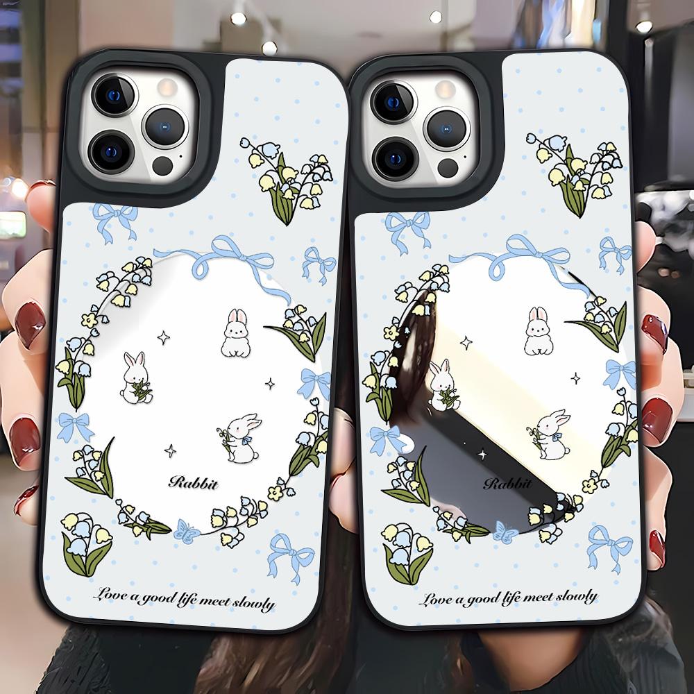 Spiegel Handyhülle für iPhone 15 11 13 14 für 15 16 Pro Max 12 13 16 Pro Wolke Blume und Tier Niedlicher Stil Handyhülle