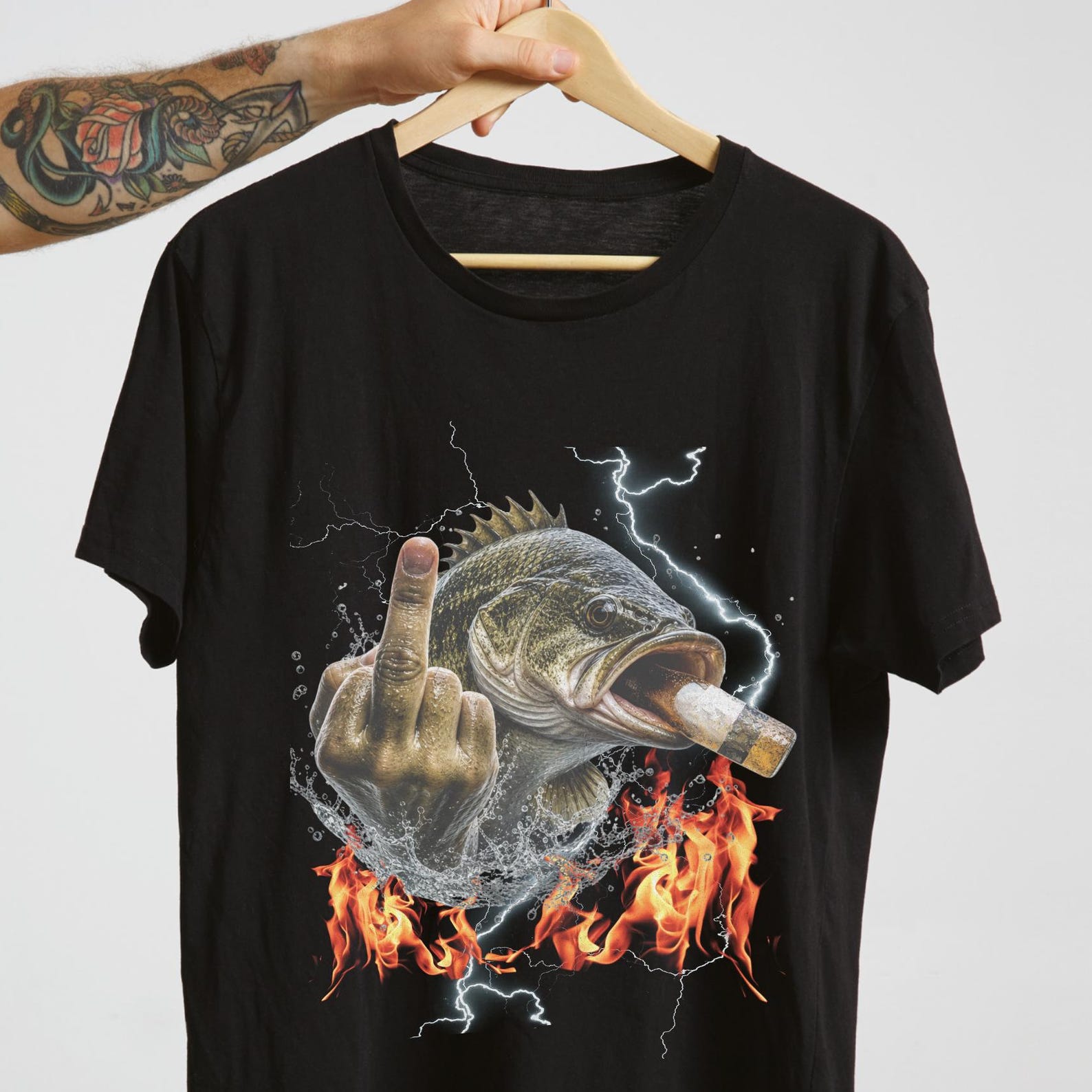 Funny Bass Fishing Shirt, Badass Fish Graphic Tee, Fisherman Gift Shirt, Smoking Bass Middle Finger Tee, Funny Angler T-Shirt, Fishing. S