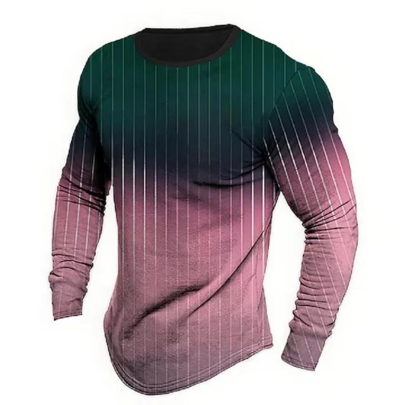 T-shirt da uomo a maniche lunghe con scollo rotondo, a righe, stampate digitalmente, alla moda, stile di strada