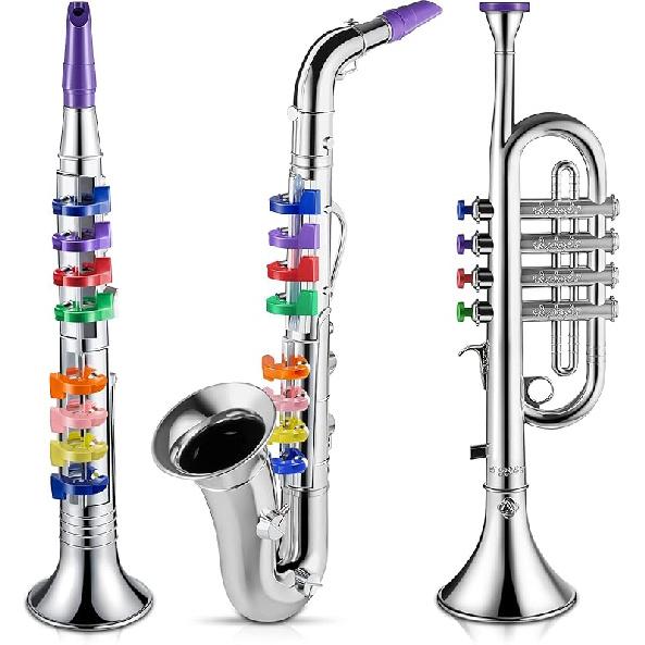 Lewtemi Set of 3 Saxophone for Kids Christmas Musical Instruments Toy Saxophone Toy Trumpet and Clarinet with 8 Colored Coded Keys Teaching Songs