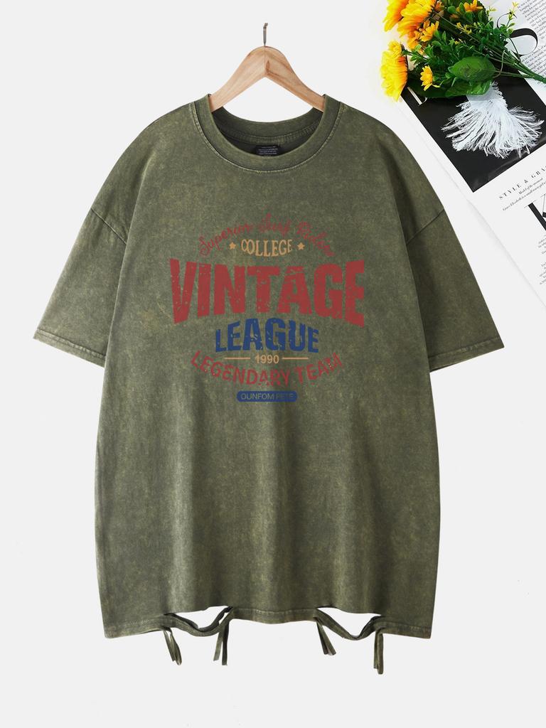 Vintage League Letter Prints Washed TShirts Women Cottontops Comfortable ONeck Oversize T Shirts Fashion Womans Streetwear