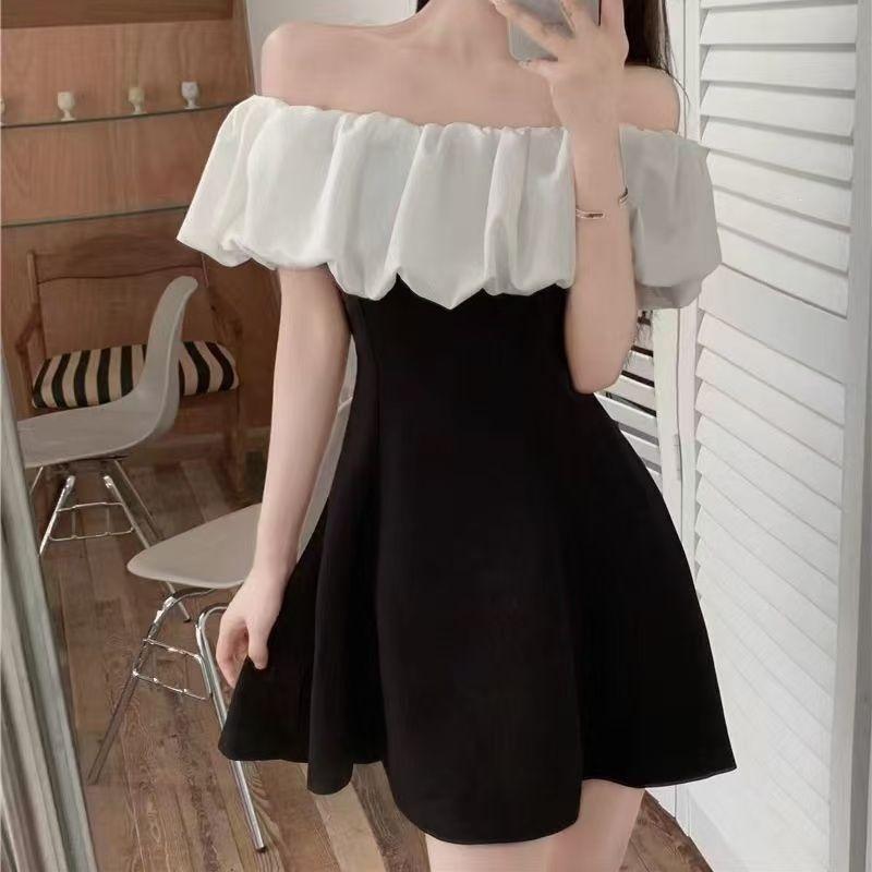 One-word shoulder dress women's summer new daughter wind slim-fitting hip dress sexy little black dress dress woman