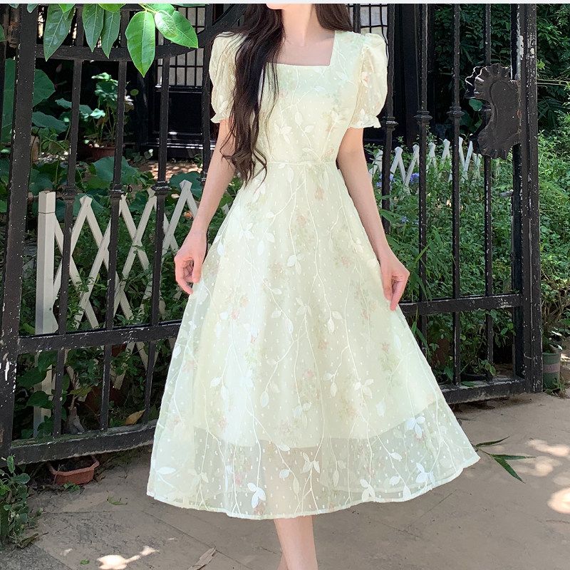 Plus size French style Fresh Dress Women Summer Gentle Embroidery Long dress Chubby Girl Belly Covering Slimming A- line Skirt.