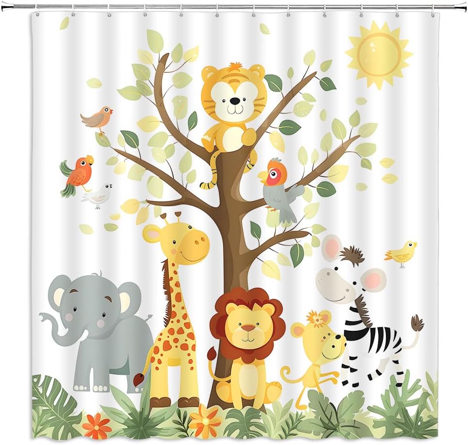 Safari Animal Shower Curtain Cartoon Elephant Giraffe Zoo Animals Forest Monkey Zebra Boys Girls Jungle Bird Parrot Boys Girs 90x180CM
