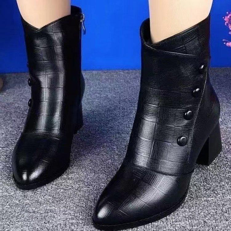 Weiches Leder Skinny Stiefel Kurze Stiefel Damen Herbst- und Wintermode Mittelhoher Absatz Mittelhoher Schaft Weiche Sohle Kurze Stiefel Martin Stiefel