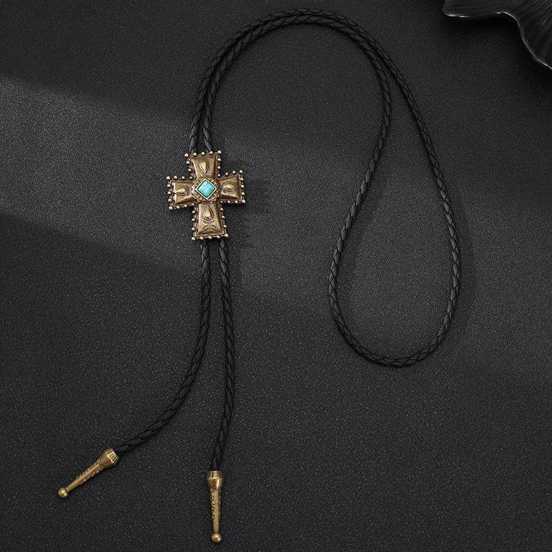 Punk denim bolo tie tie cross turquoise sweater chain rope alloy pendant necklace