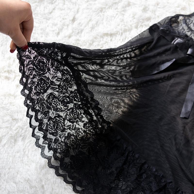 Women's Sexy Pajamas Lace Nightdress And Thong Nightwear Solid Color Sleepwear Sets Black Underwear Ice Silk Transparent Dress
