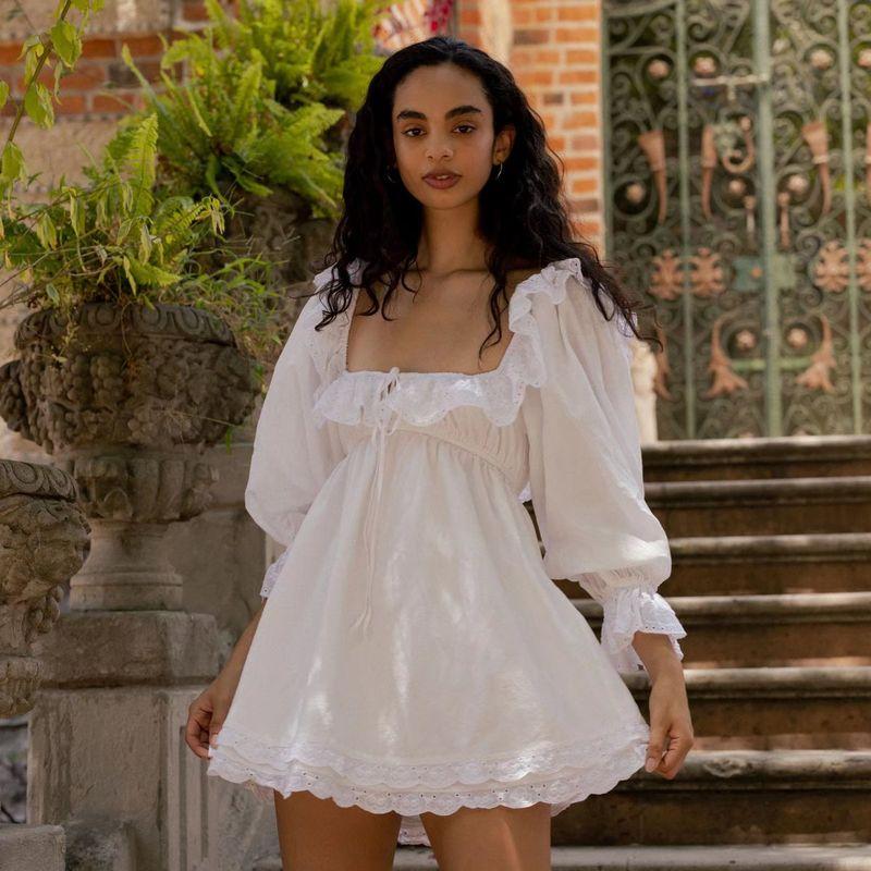 

Girlish Style Square-Cut Collar Lace Slim Looking Dress Lace Pure White(High quality) L