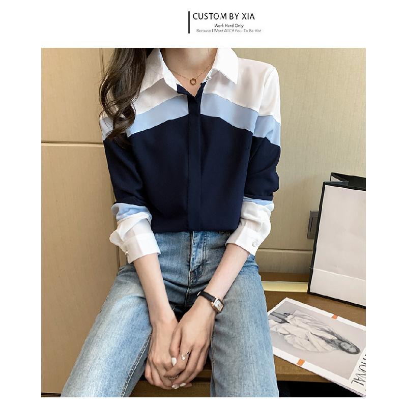 2026 Spring New Women's Turn-down Collar Contrast Color Slim Fit Long Sleeve Casual Striped Shirt