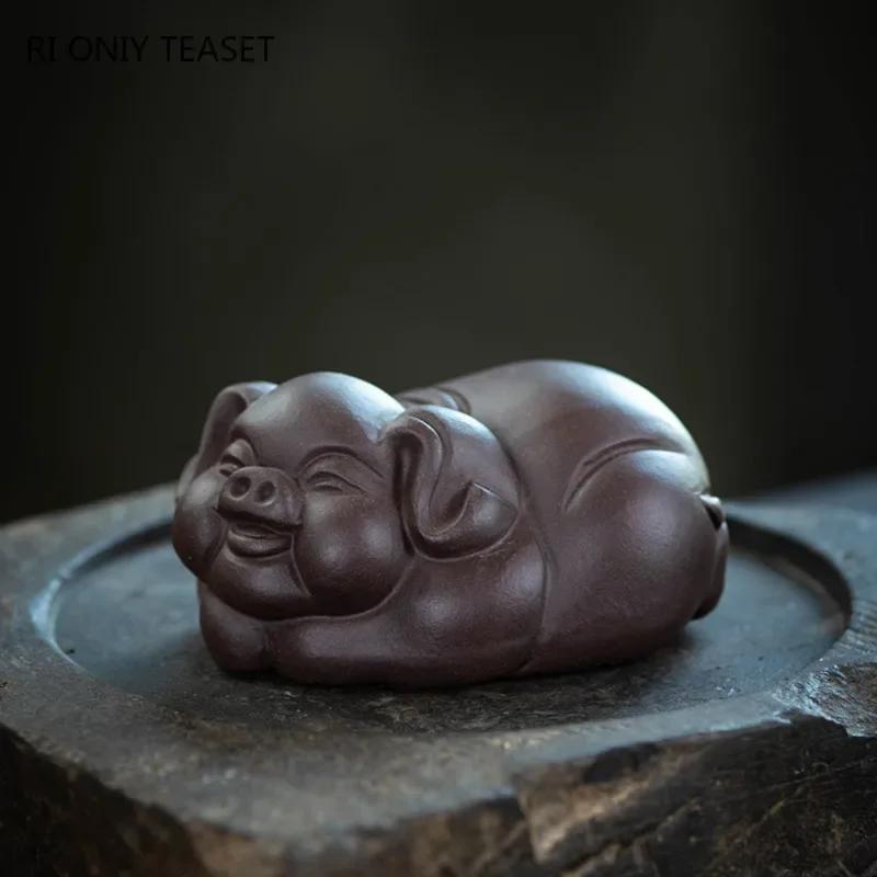 Yixing Purple Clay Tea Pet Chinese Zodiac Pig Statue Ornaments Desktop Decors Tea Figurine Crafts Handmade Tea Set Decoration