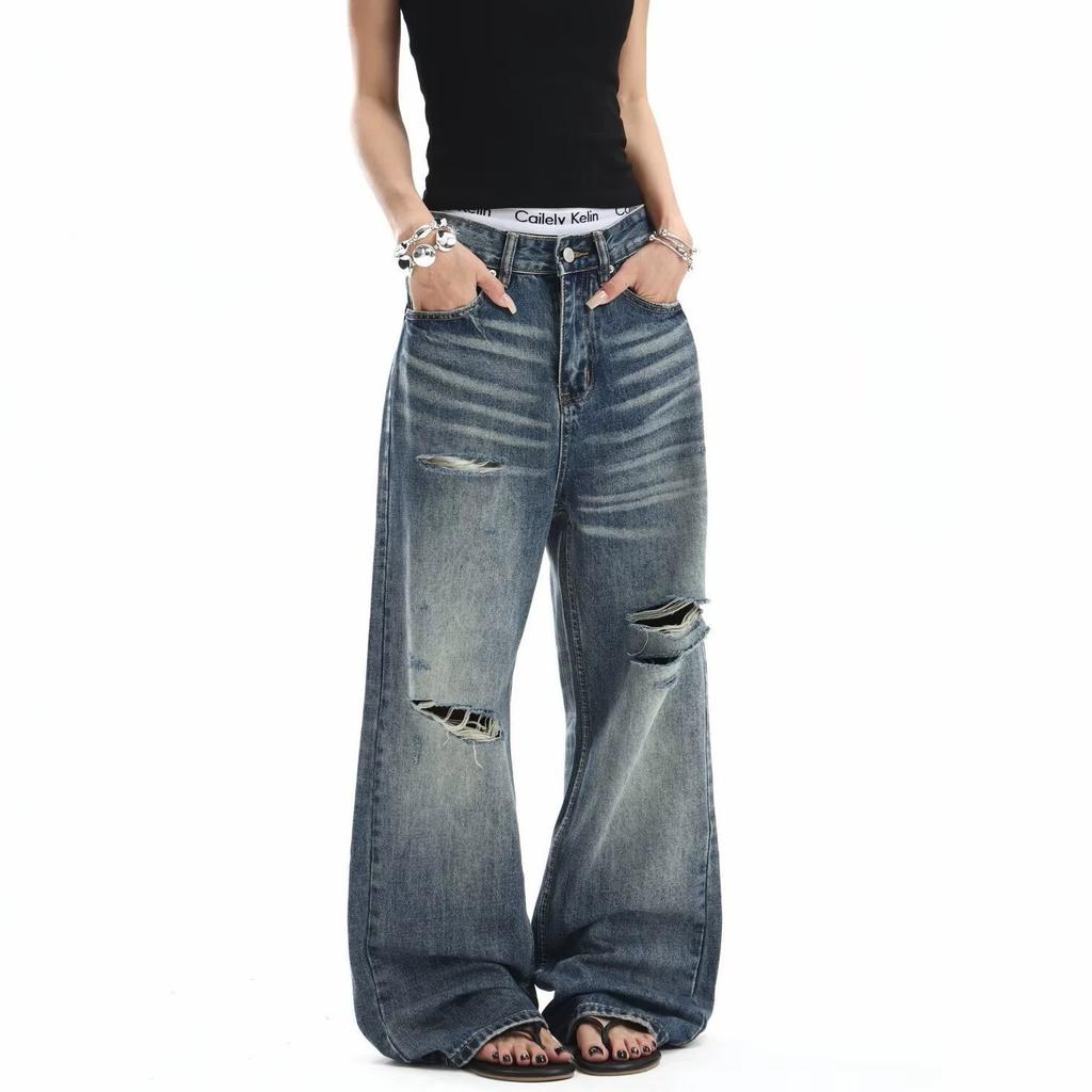 American high street retro washed cat whisker ripped jeans men's and women's design straight loose wide-leg pants fried street