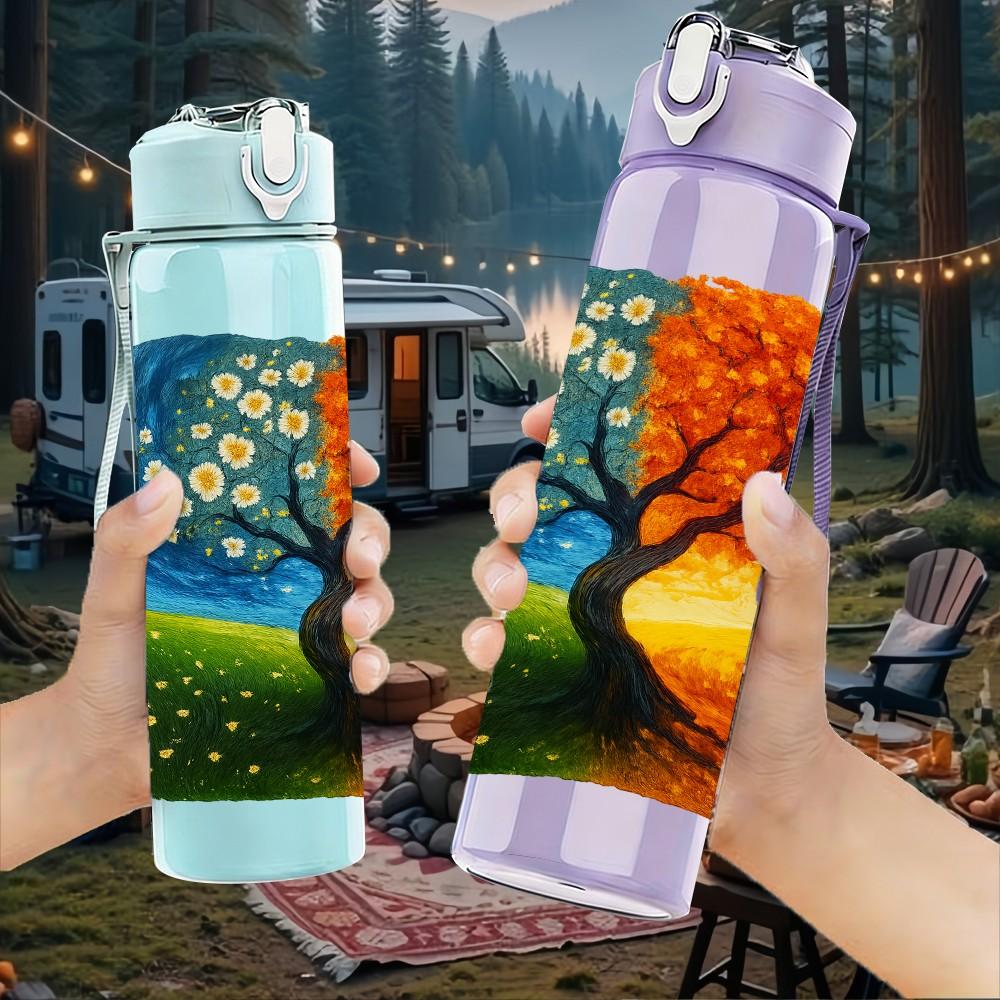 1PC Autumn Tree Split Color Watercolor 750ml Color Plastic Sports Water Bottle Leakproof Flip Straw Lid Suitable for Sports Office Home Use