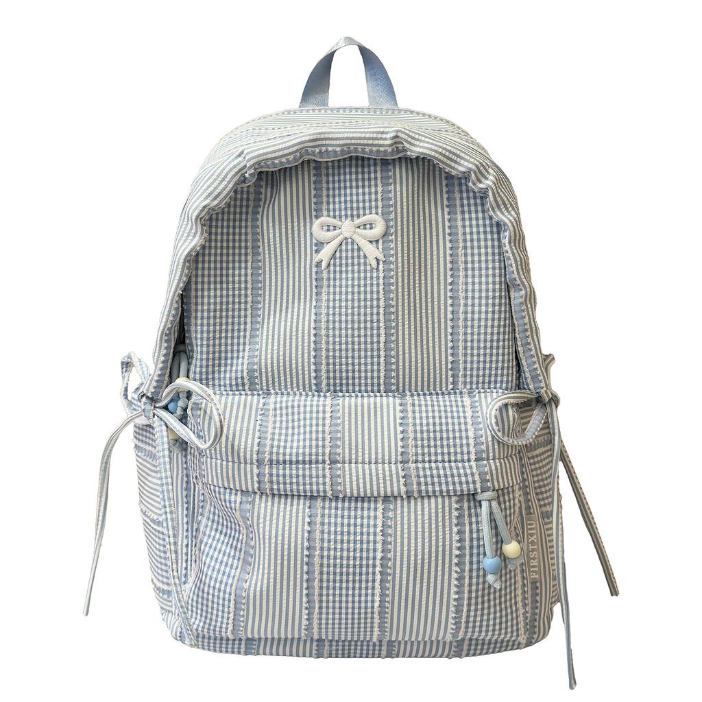 Schoolbag small fresh striped backpack women's 1011 new bow schoolbag students large capacity light travel backpack tide