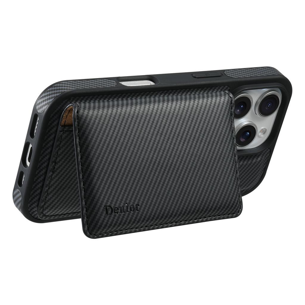 DENIOR For iPhone 16 Pro Max Magnetic Case Carbon Fiber Texture Leather Back Cover with Detachable Card Bag