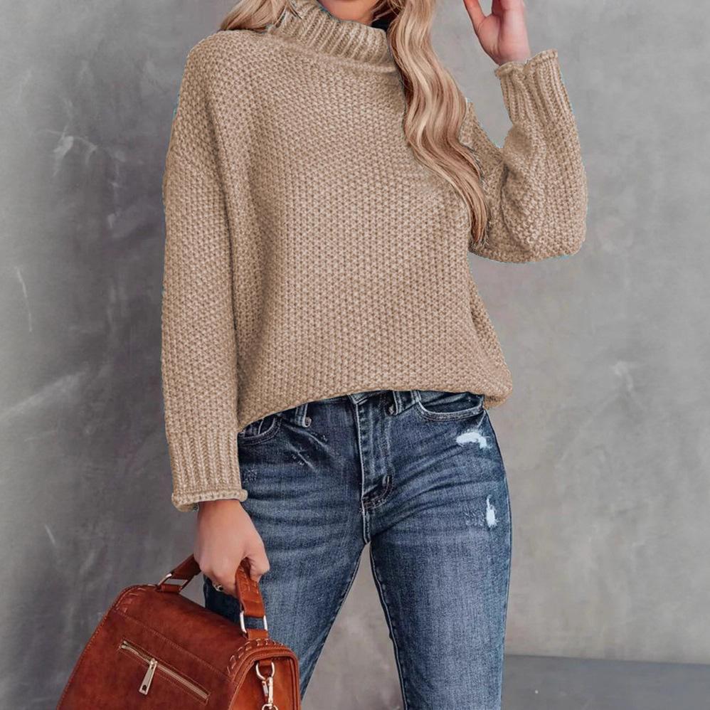 New Autumn and Winter Knitted Sweater, Solid Color High-neck Casual Loose Sweater Pullover