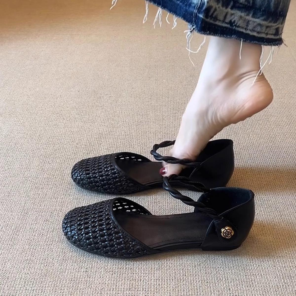

French-style Woven Niche Toe Sandals Spring and Summer One-strap Roman Shoes 35 чёрный