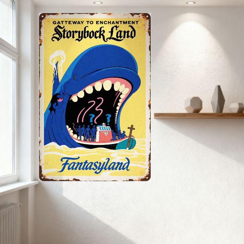 Vintage 'Gateway to Enchantment' Storybook Land Metal Tin Sign, Whimsical Blue Whale with Boat Design, Distressed Aged Style Fan